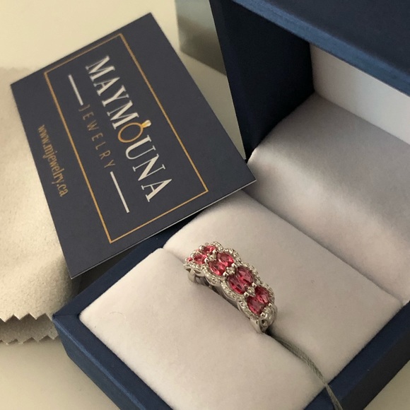 STERLING SILVER MARQUISE & ROUND CUT RUBY CZ RING - Picture 6 of 8